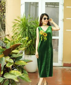 Đầm nhung ko tay xanh lá vẽ tay-HV230203-M