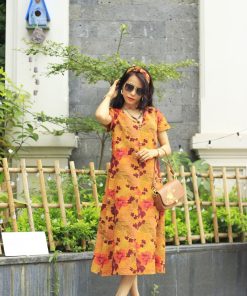 Đầm đũi cổ tim hoa vàng cam -HV230403-M