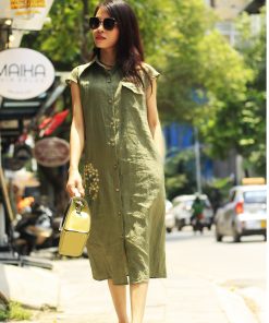 Đầm linen tưng xanh rêu thêu-HV230409-M